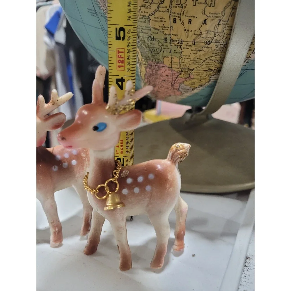2 Small Plastic Fawn Deer Hong Kong Gold Bell Vintage